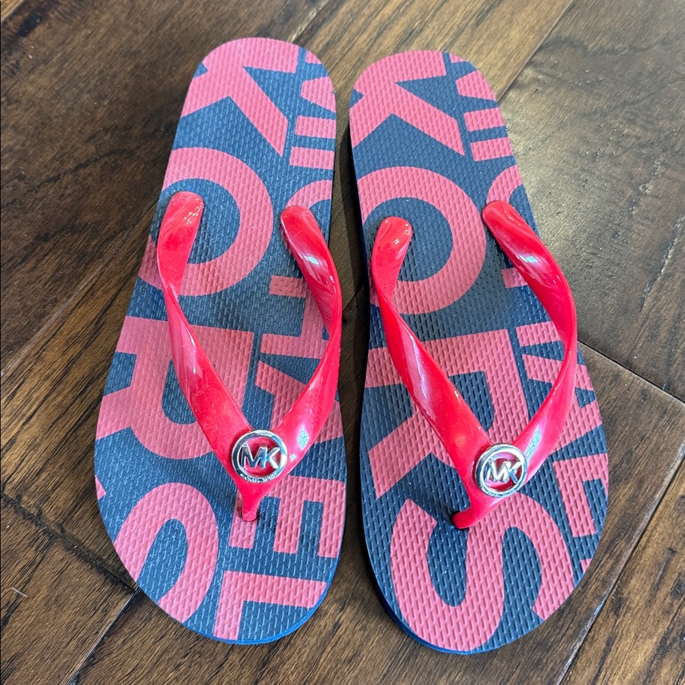 Michael Kors red and navy flip flops sz 9